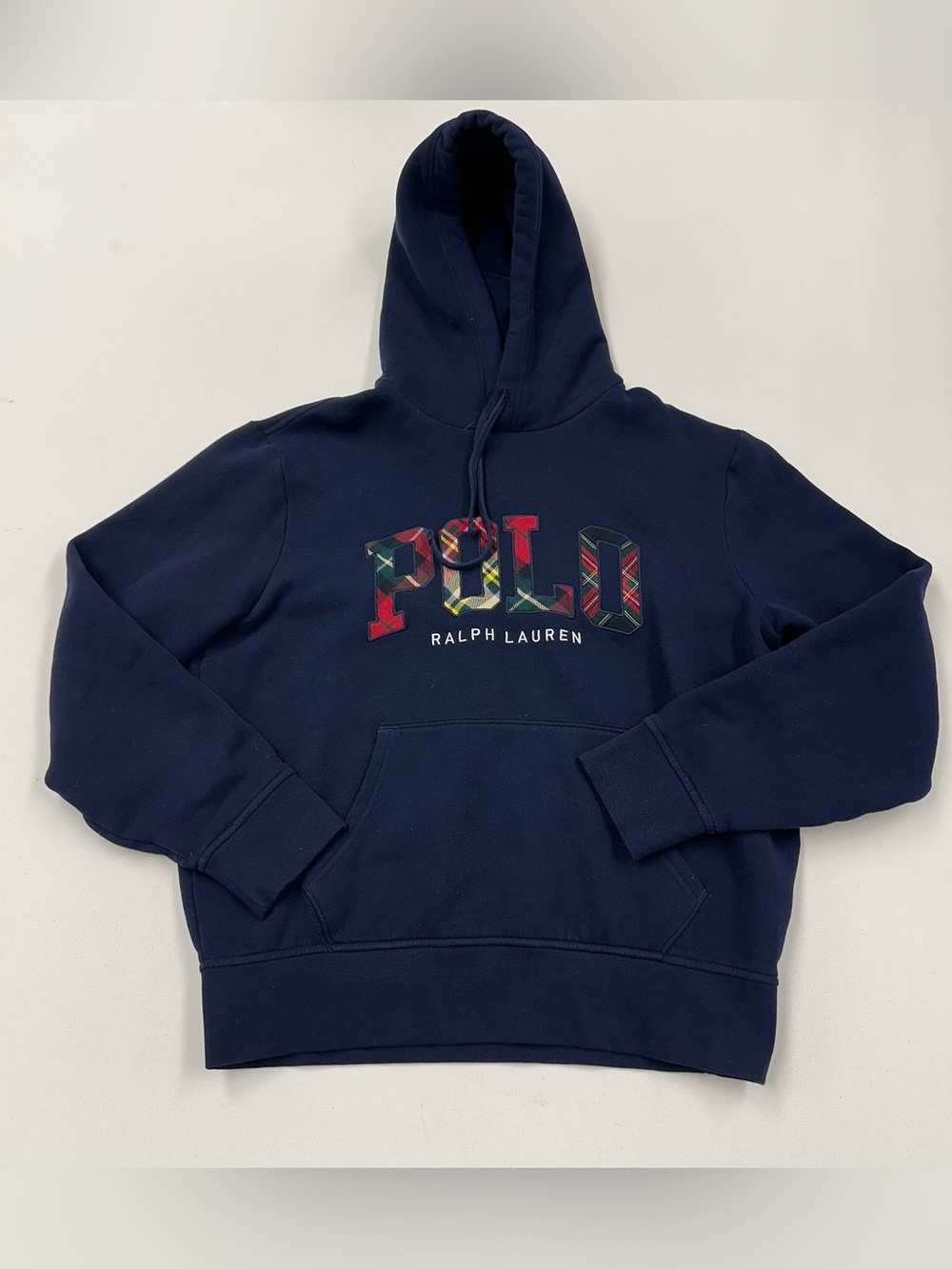 Polo Ralph Lauren The Big Fit Fleece Plaid-Logo Hoodie Navy Mens Medium Sweater